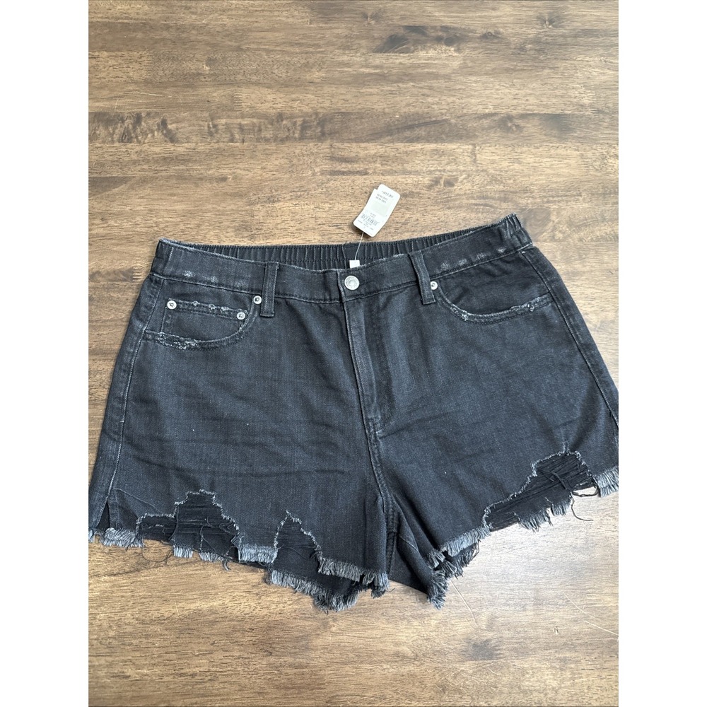 Aerie Denim Shorts Womens Large Black Distressed Raw Hem Elastic Waist NWT